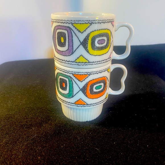 Other - 2 Vintage Japan Stacking Mug With Retro Fl  Design Groovy MCM